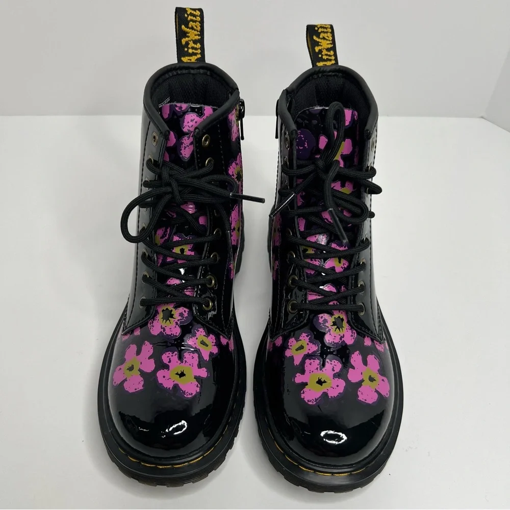 Dr. Martens 1460 Junior Pansey Fayre Patent Lamper Combat Boots Black Pink